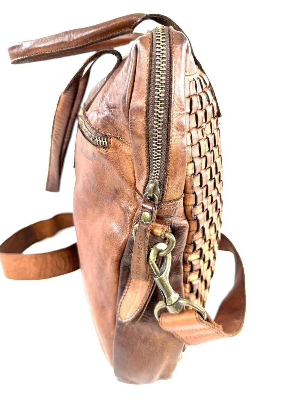 Kompanero Unisex Brown Woven Leather Laptop Bag Bronze Logo Hardware